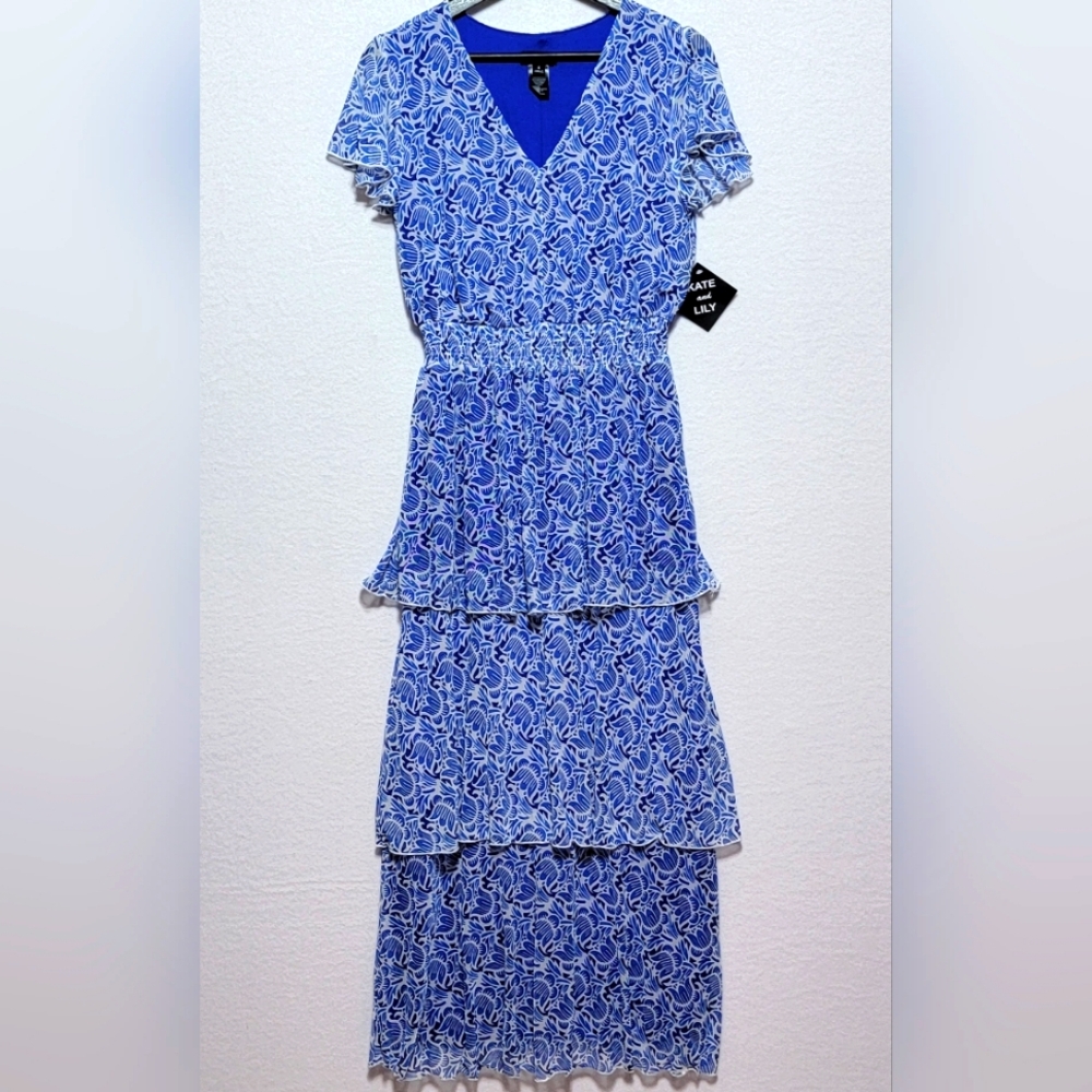 Kate and Lily Blue Floral Women's Layered Ruffle Maxi Dress SIZE‎ 6. #696